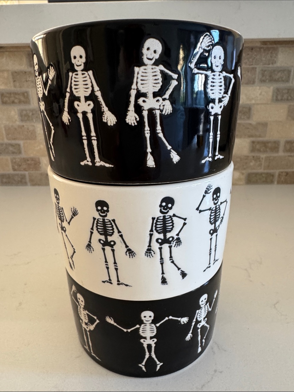 Halloween Black and White Skeleton Ceramic Ramekins 
Set of 3 NWOT